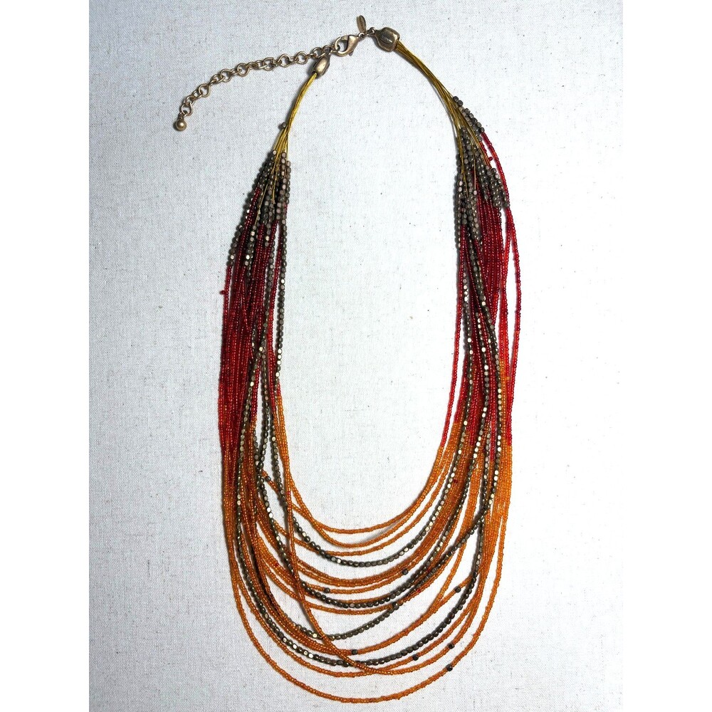 Vintage Chico’s Necklace Orange and Red beaded layered brass gold boho 30"